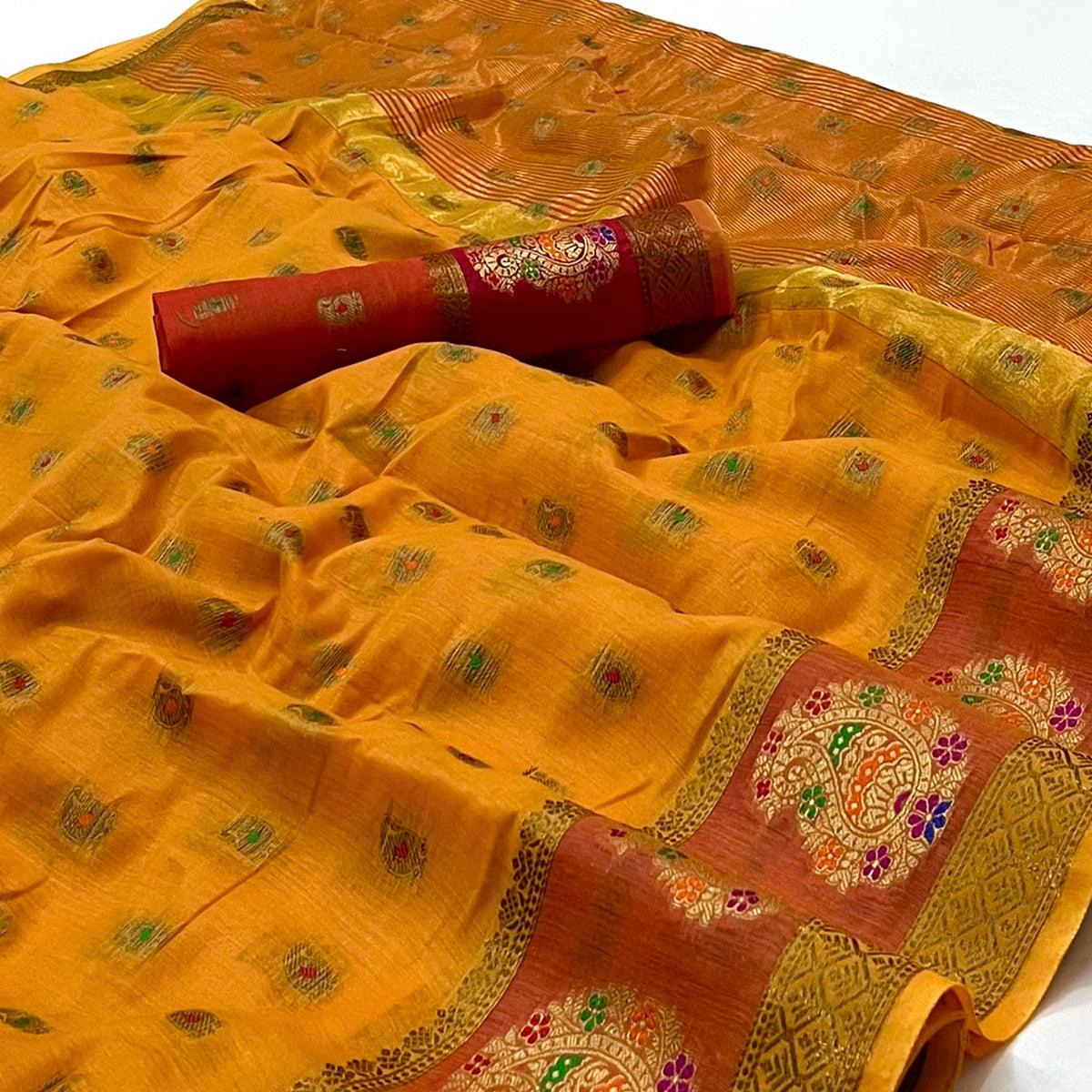 Mustard Woven Poly Cotton Saree - Peachmode