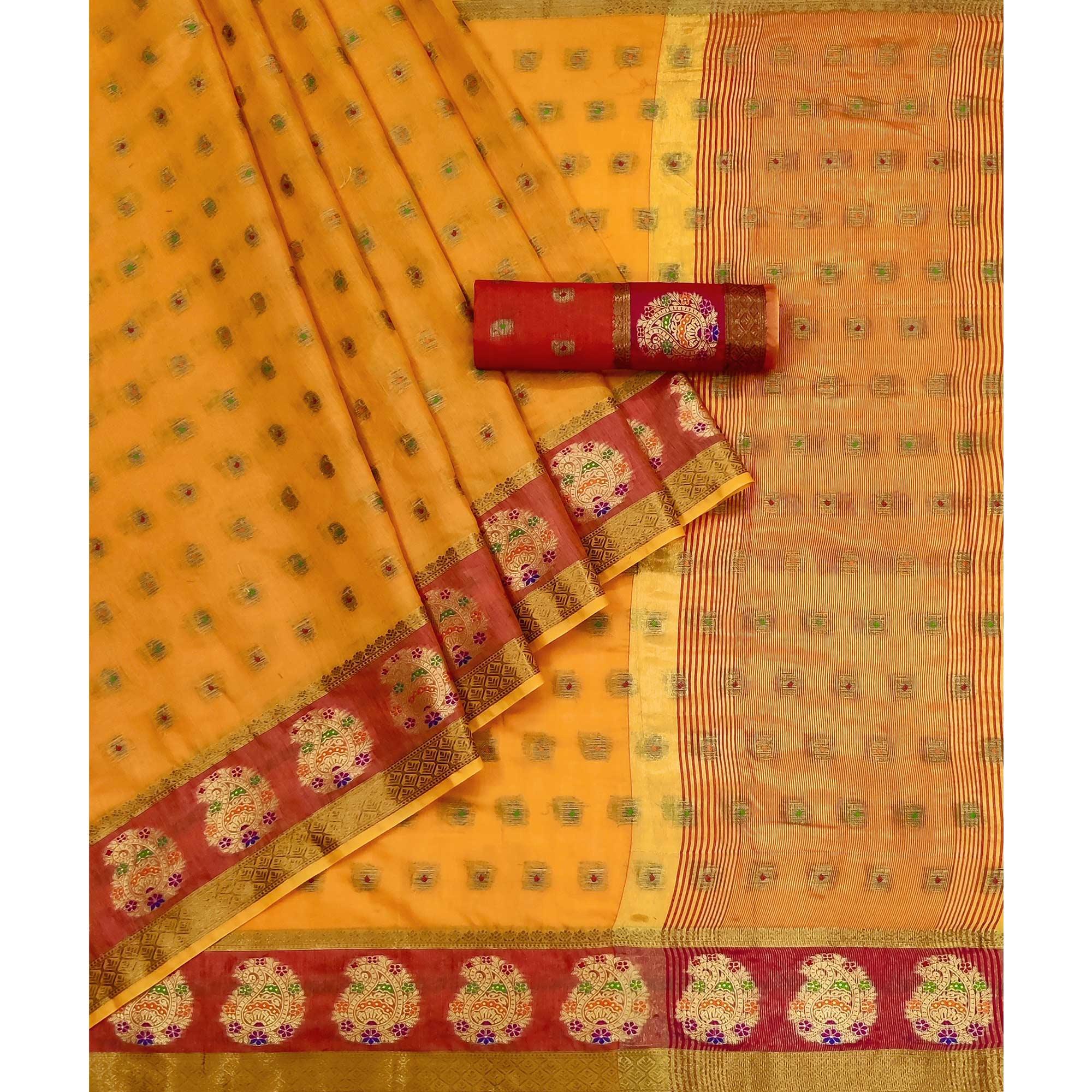 Mustard Woven Poly Cotton Saree - Peachmode