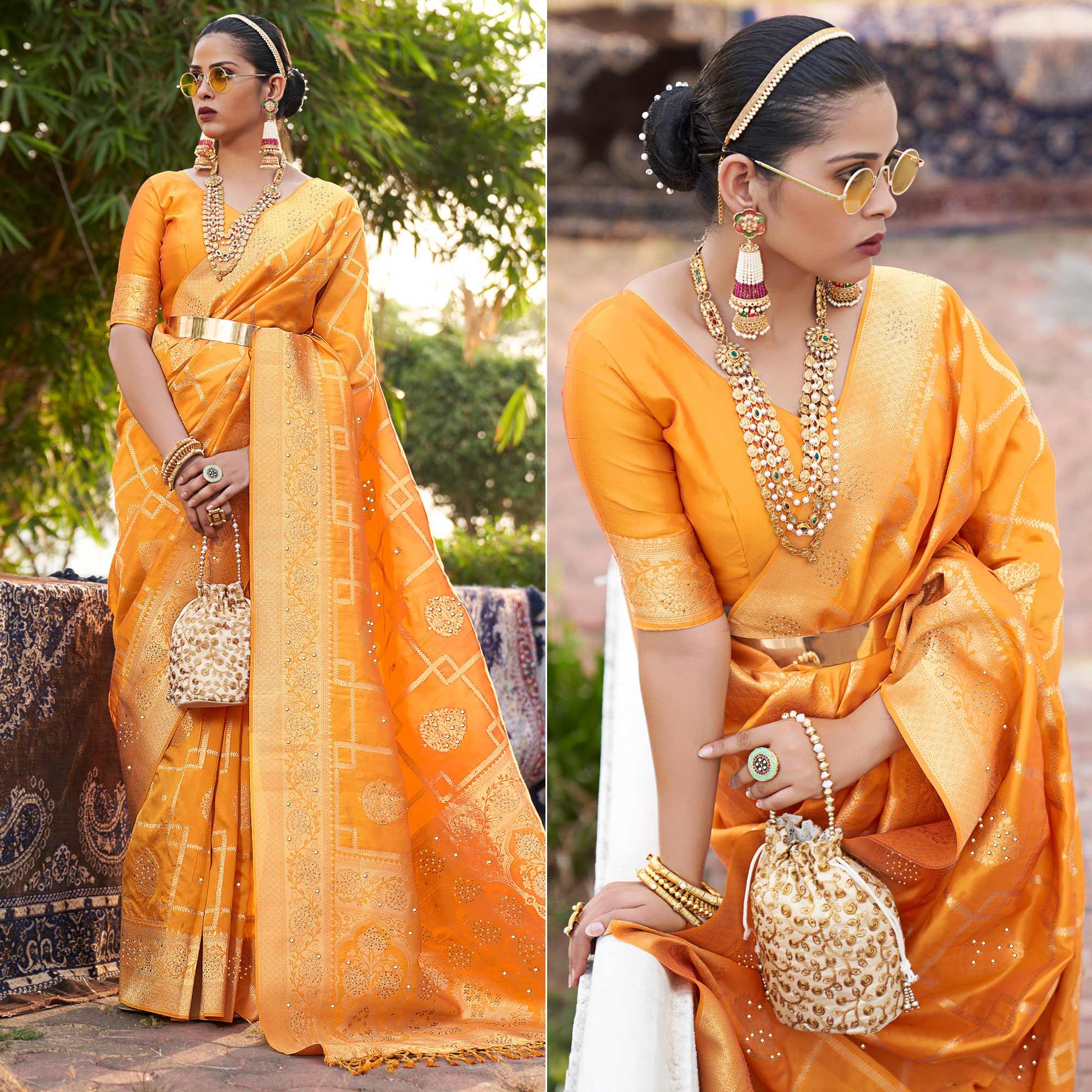Mustard Woven With Embellished Art Silk Saree With Tassels - Peachmode