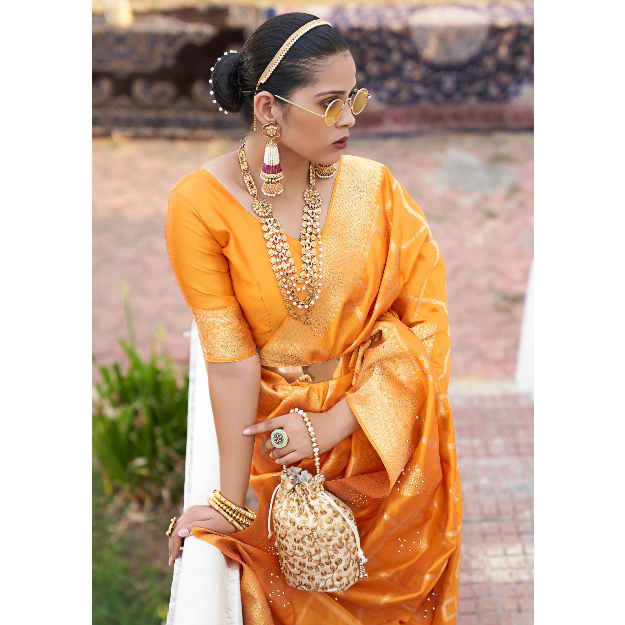 Mustard Woven With Embellished Art Silk Saree With Tassels - Peachmode