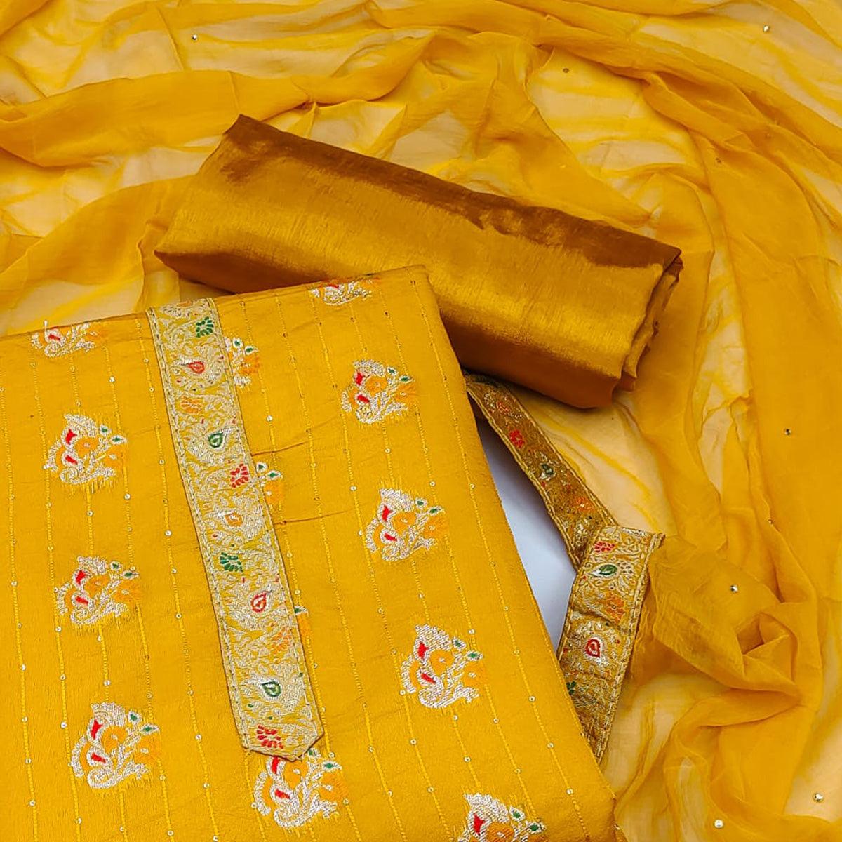 Mustard Woven With Sequence Art Silk Dress Material - Peachmode