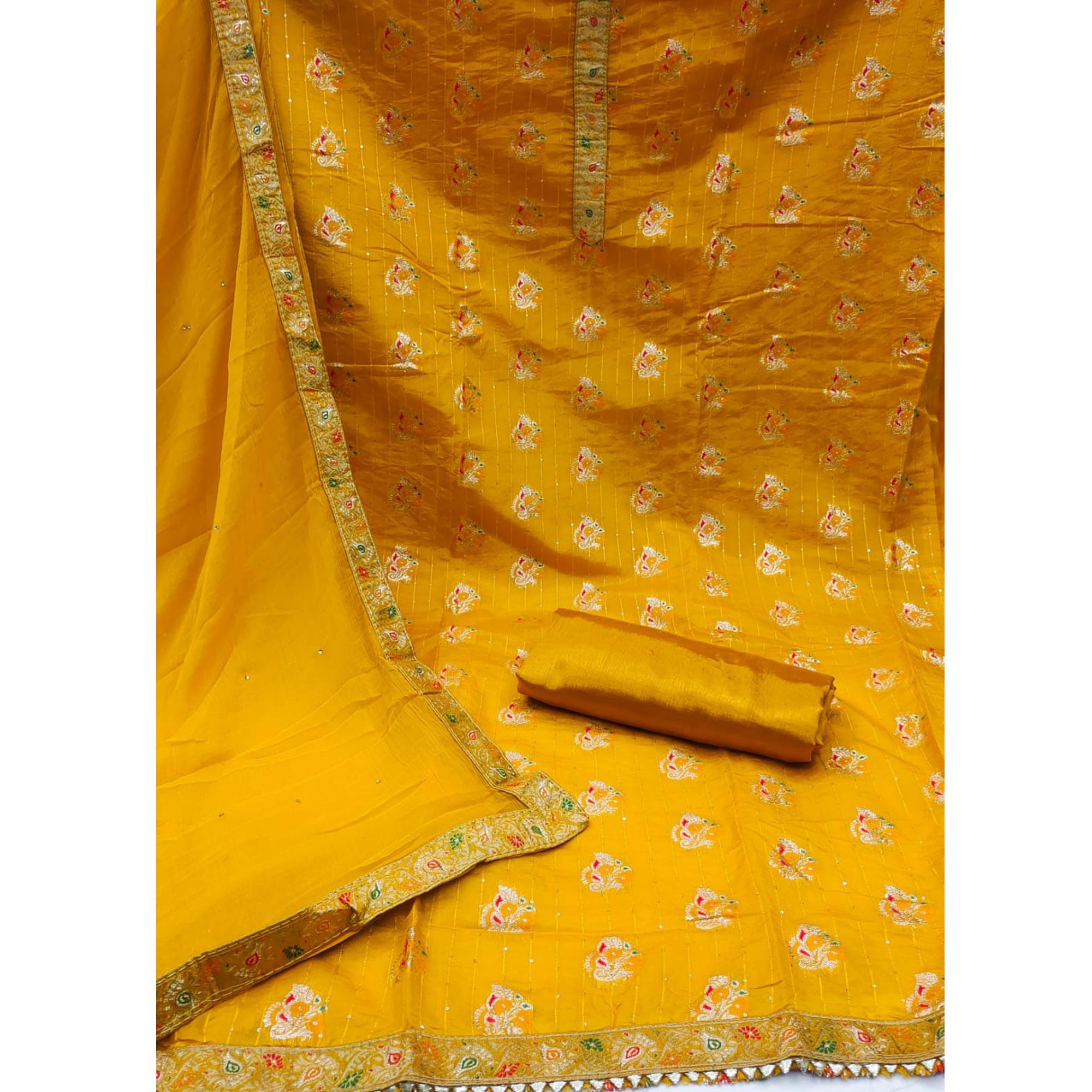 Mustard Woven With Sequence Art Silk Dress Material - Peachmode