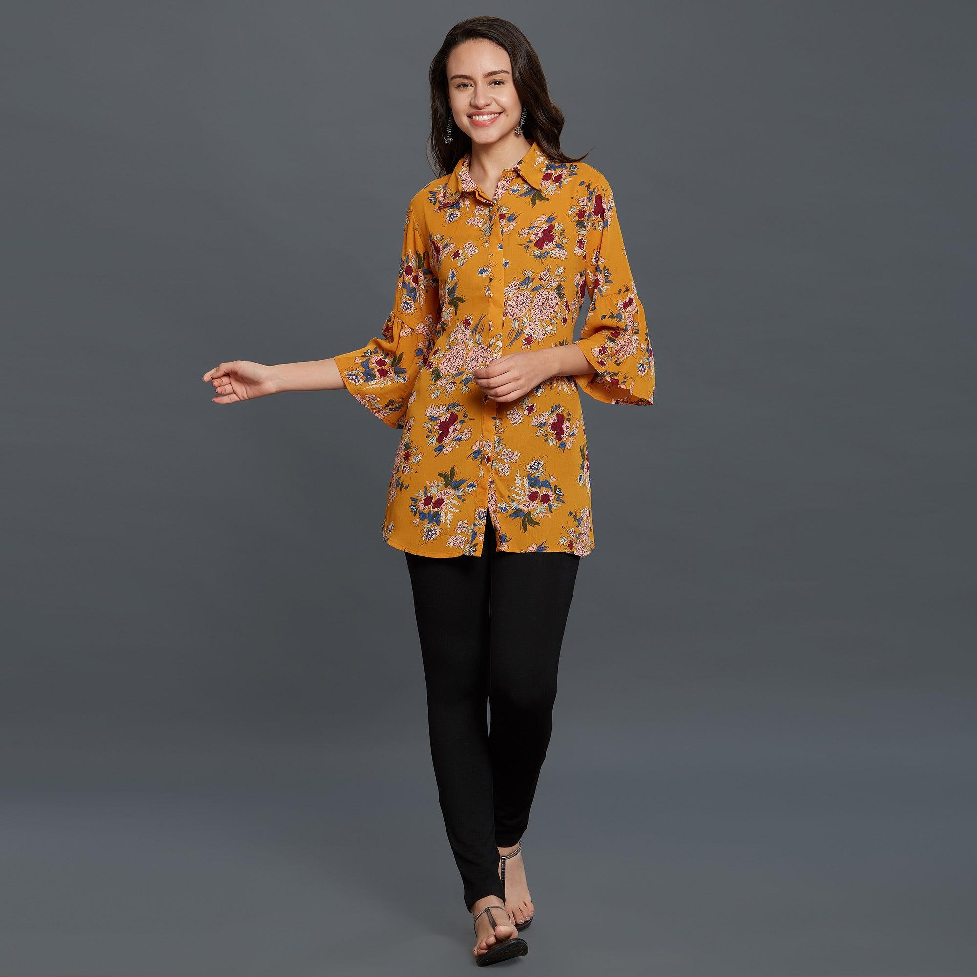 Mustard Yellow Casual Printed Rayon Top - Peachmode