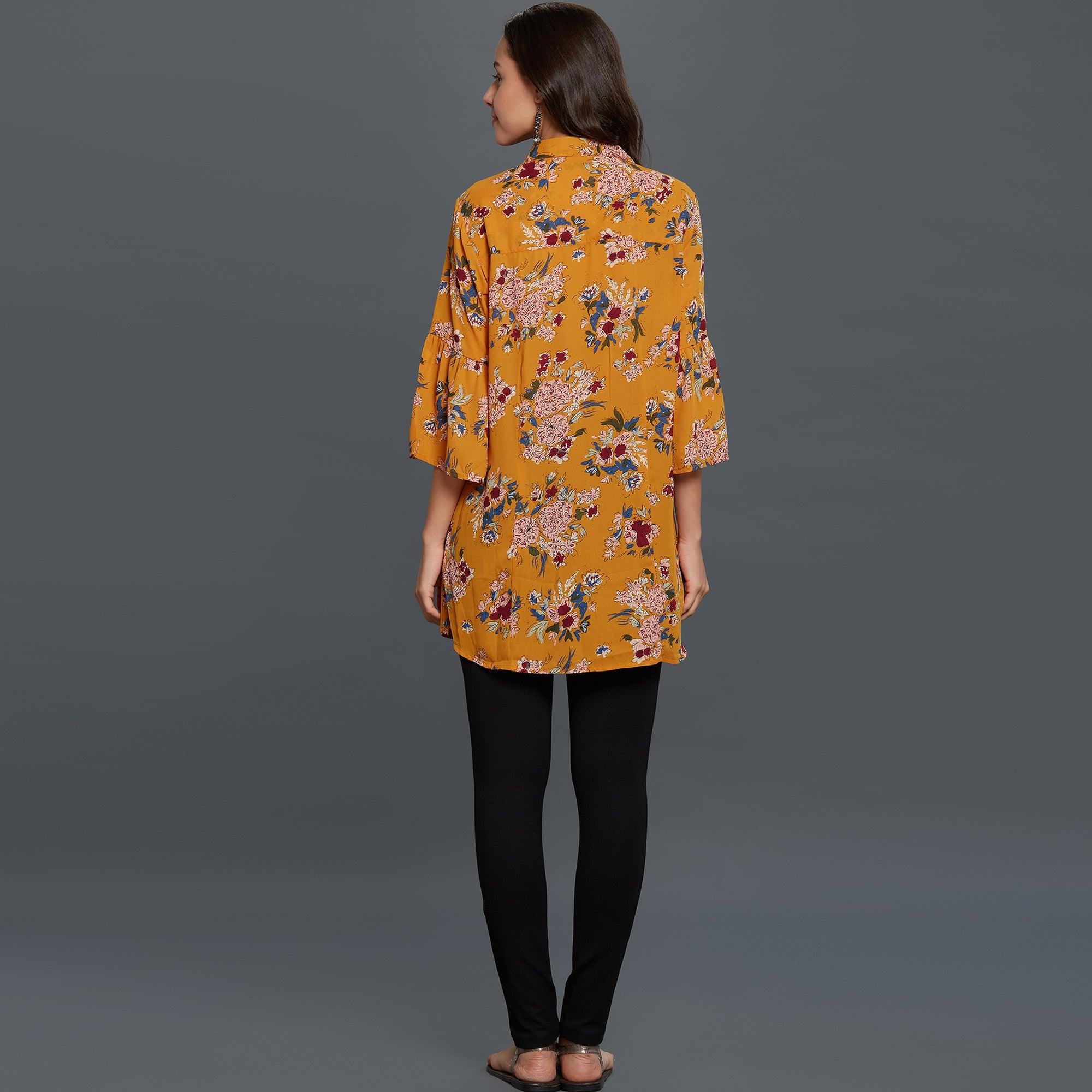 Mustard Yellow Casual Printed Rayon Top - Peachmode