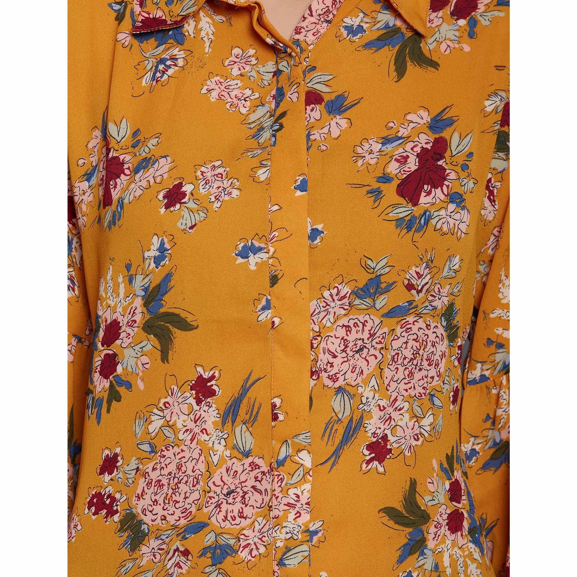 Mustard Yellow Casual Printed Rayon Top - Peachmode