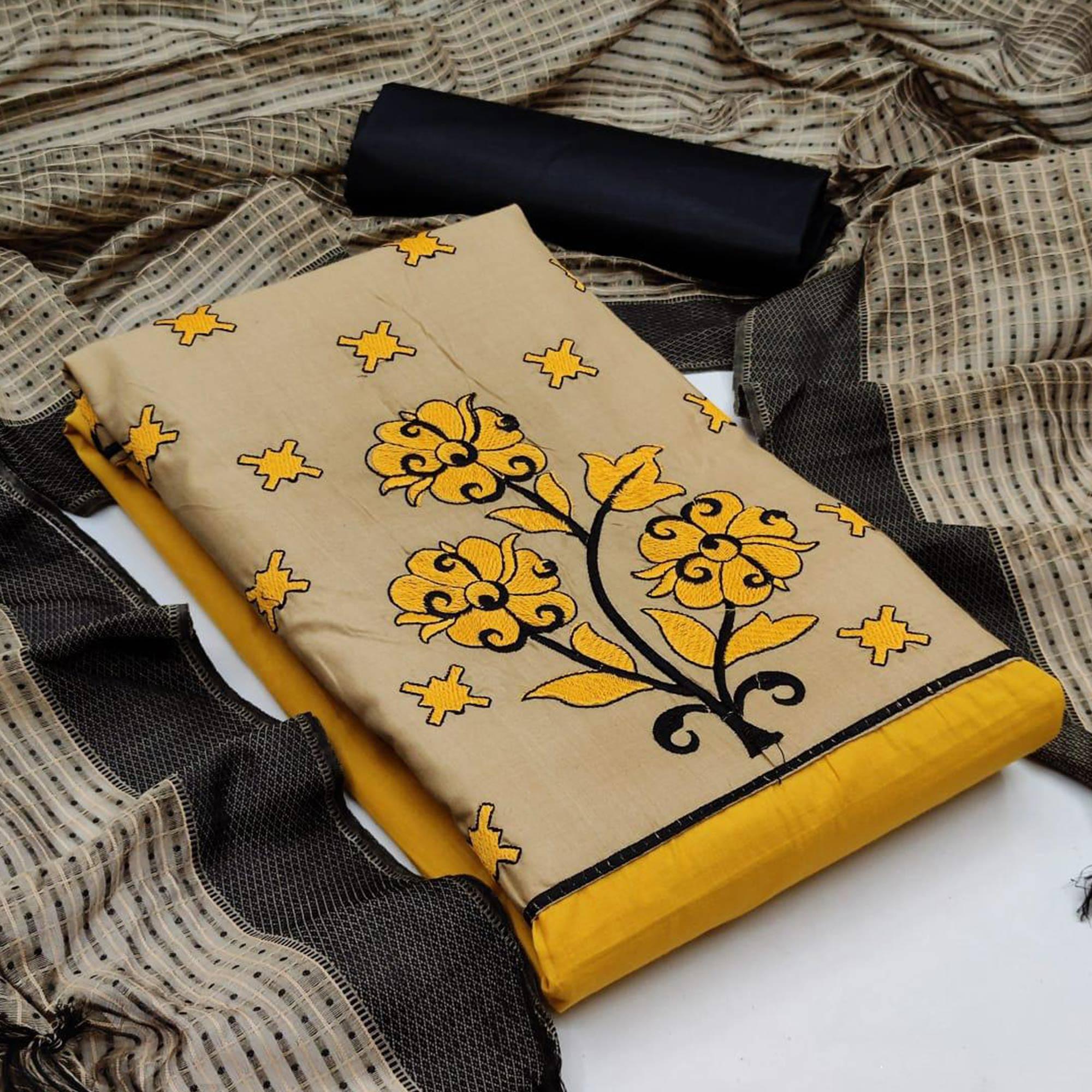 Mustard Yellow Casual Wear Embroidered Cotton Dress Material - Peachmode