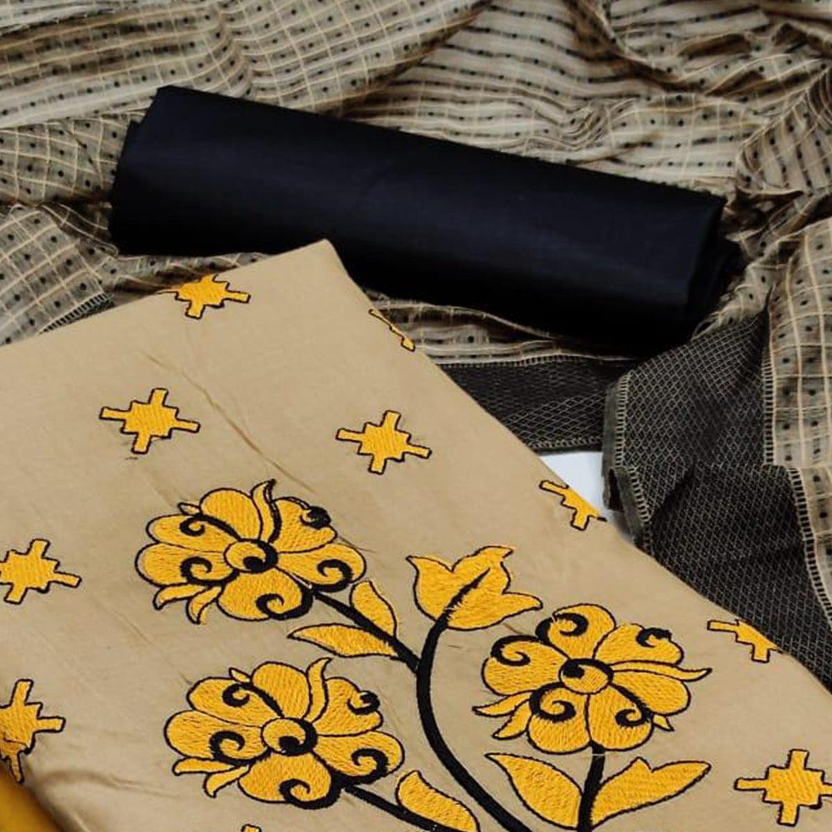 Mustard Yellow Casual Wear Embroidered Cotton Dress Material - Peachmode