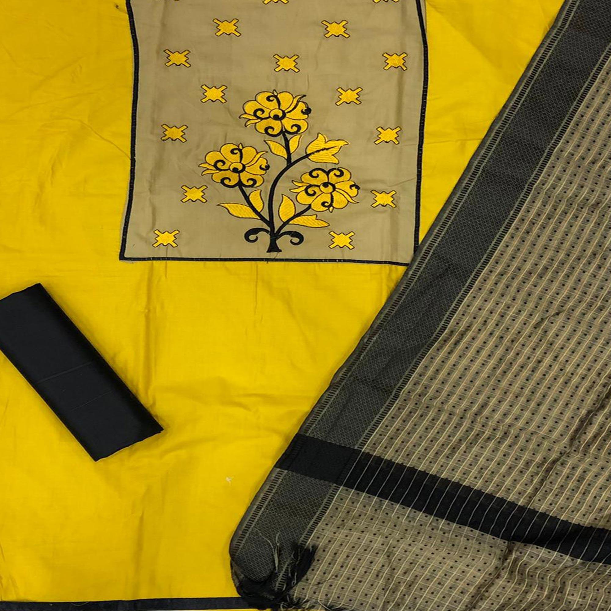 Mustard Yellow Casual Wear Embroidered Cotton Dress Material - Peachmode