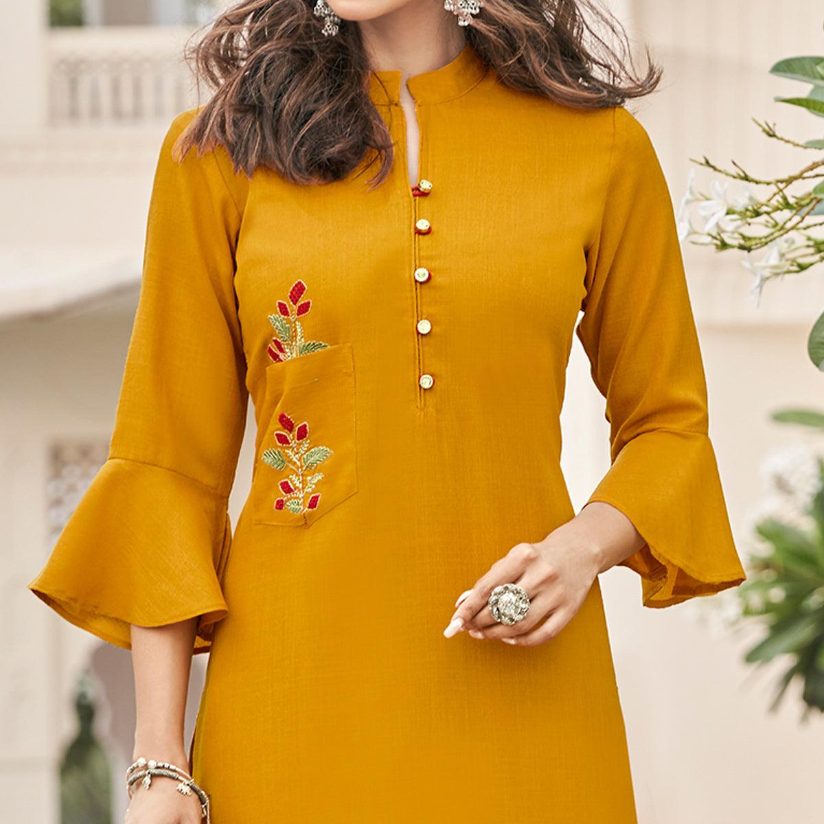 Mustard Yellow Casual Wear Embroidered Cotton Palazzo Suit - Peachmode