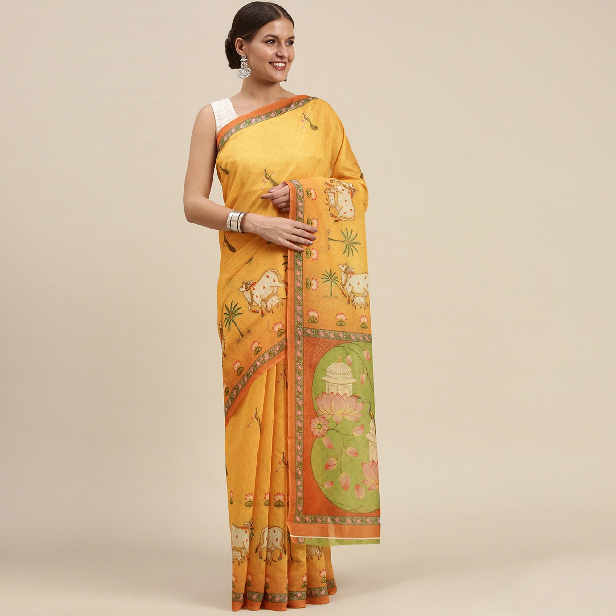 Mustard-Yellow Casual Wear Floral Printed Cotton Saree - Peachmode