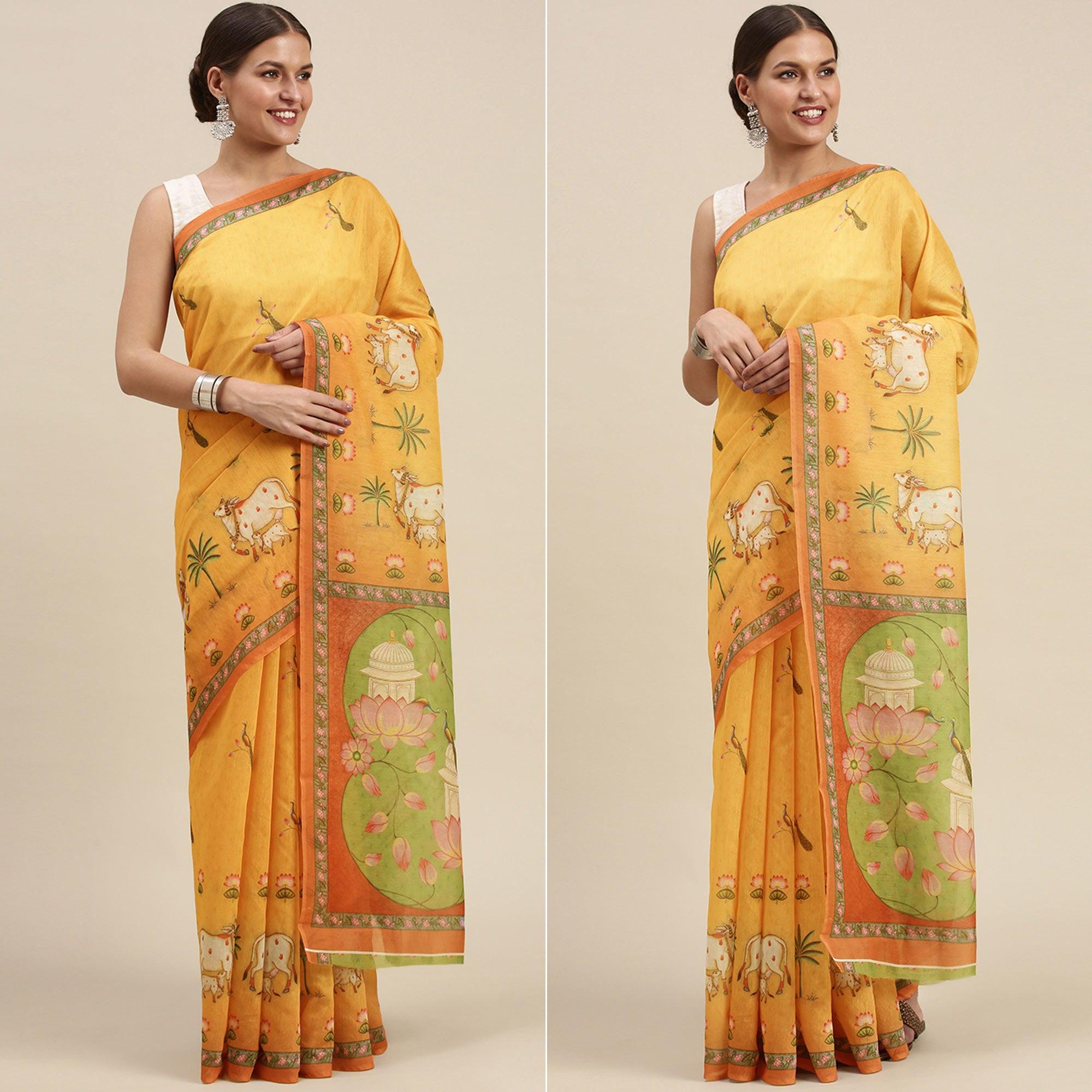 Mustard-Yellow Casual Wear Floral Printed Cotton Saree - Peachmode