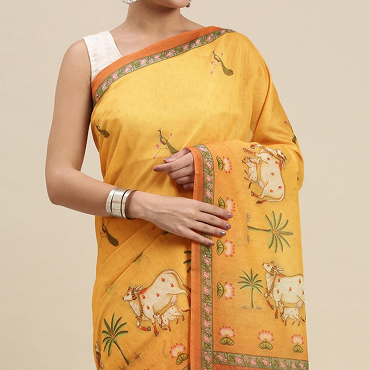 Mustard-Yellow Casual Wear Floral Printed Cotton Saree - Peachmode