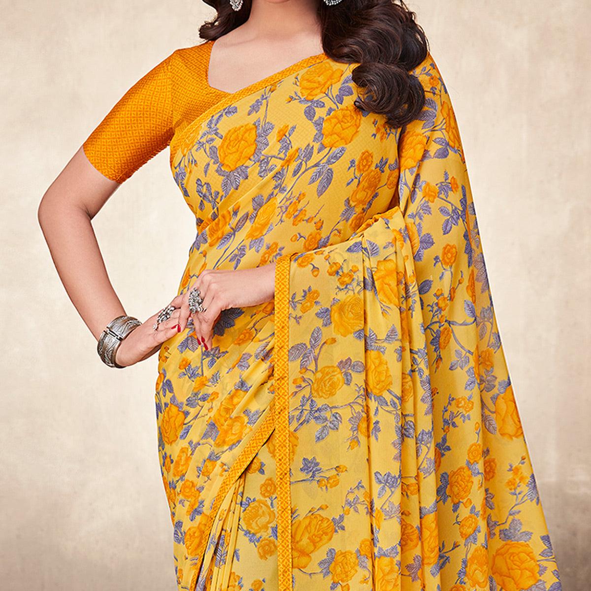 Mustard-Yellow Casual Wear Floral Printed Georgette Saree - Peachmode