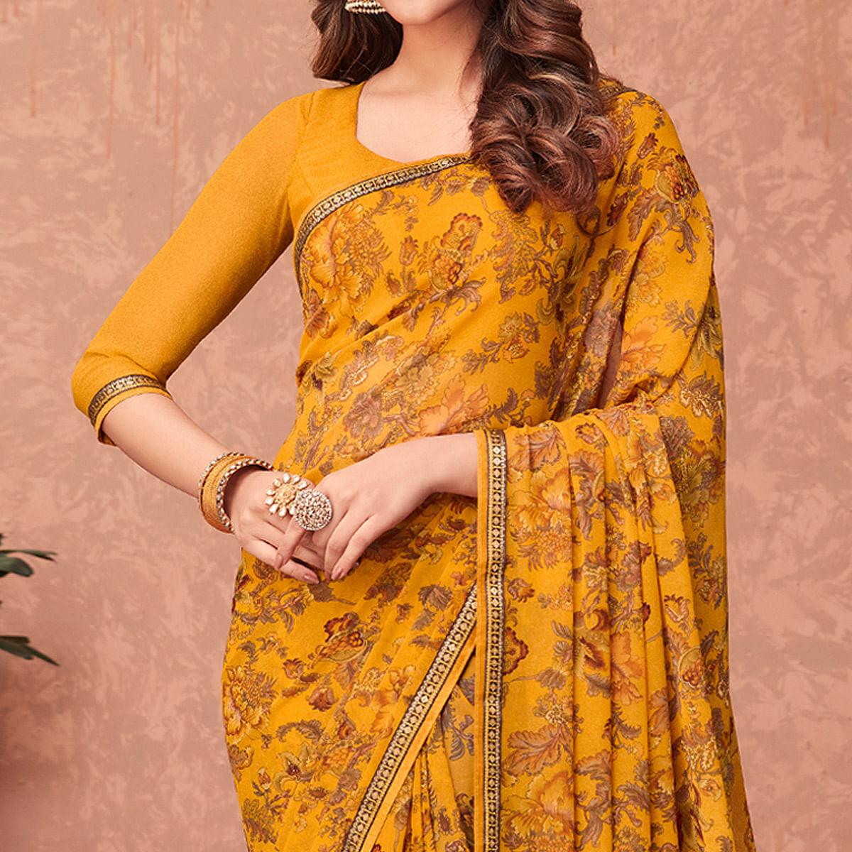 Mustard-Yellow Casual Wear Floral Printed Georgette Saree - Peachmode