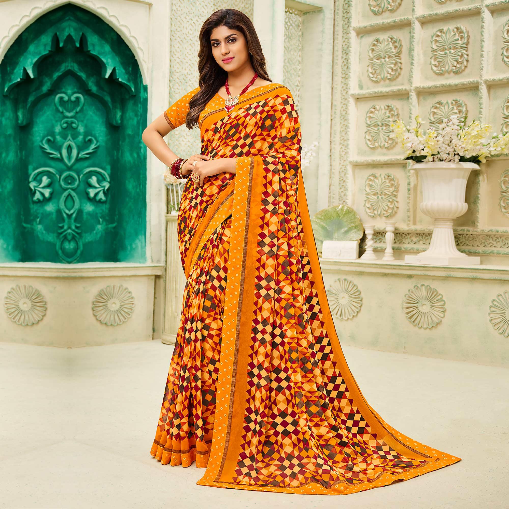 Mustard-Yellow Casual Wear Geometric Printed Georgette Saree - Peachmode