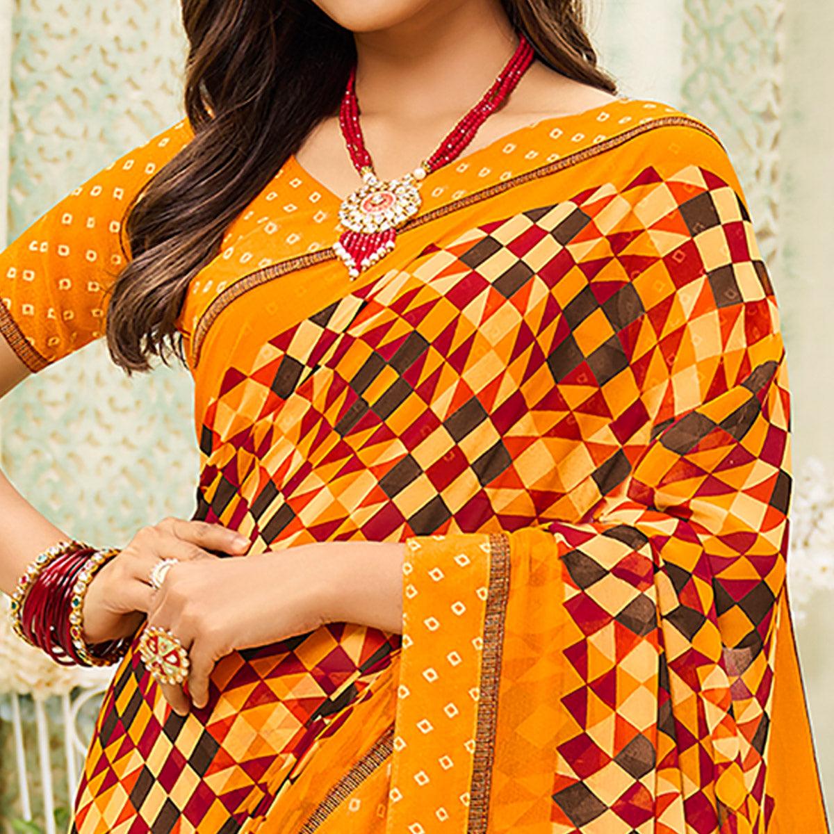 Mustard-Yellow Casual Wear Geometric Printed Georgette Saree - Peachmode