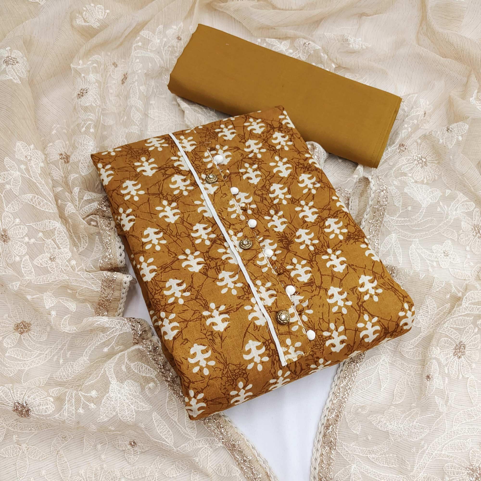 Mustard Yellow Casual Wear Printed Cotton Dress Material - Peachmode