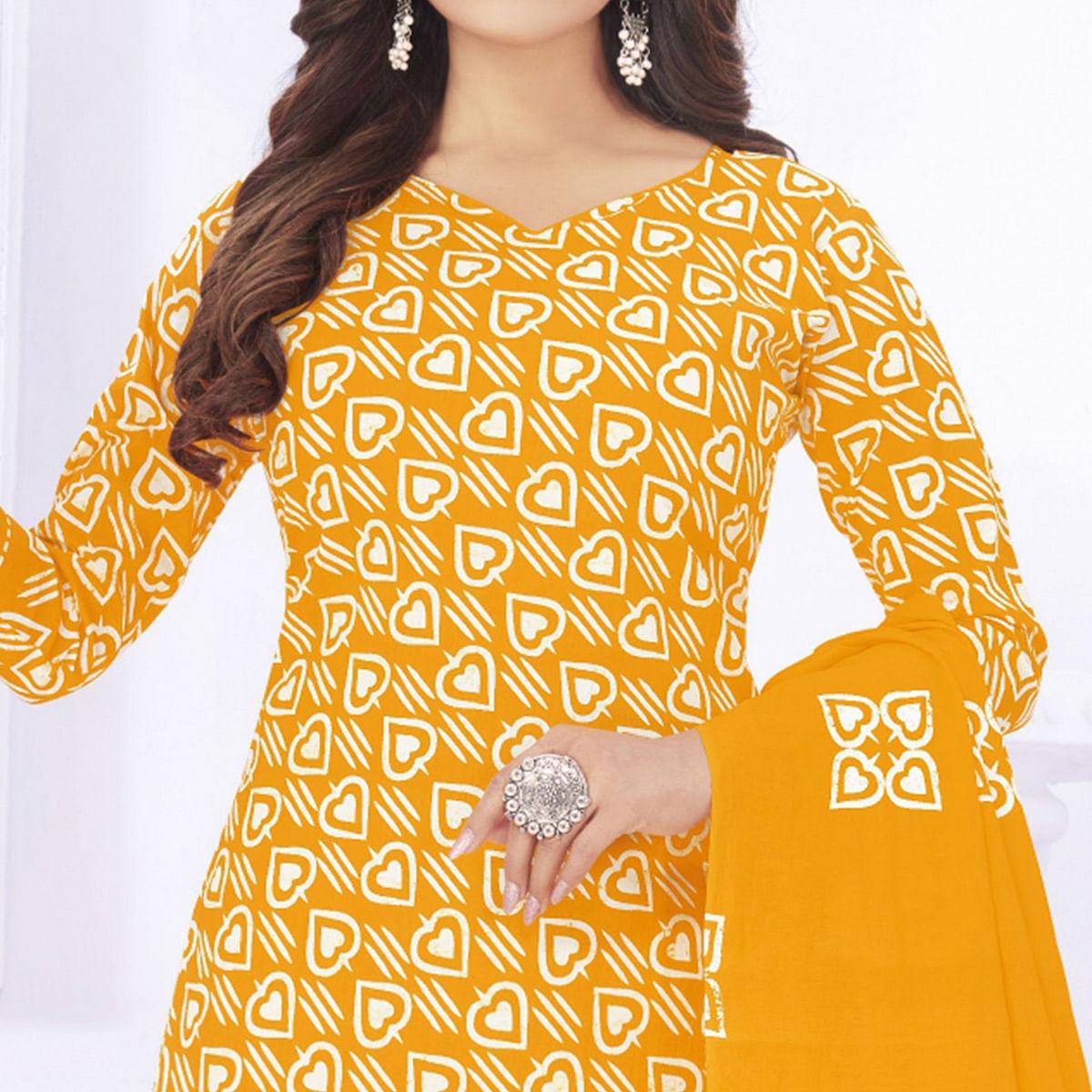 Mustard-Yellow Casual Wear Printed Cotton Dress Material - Peachmode