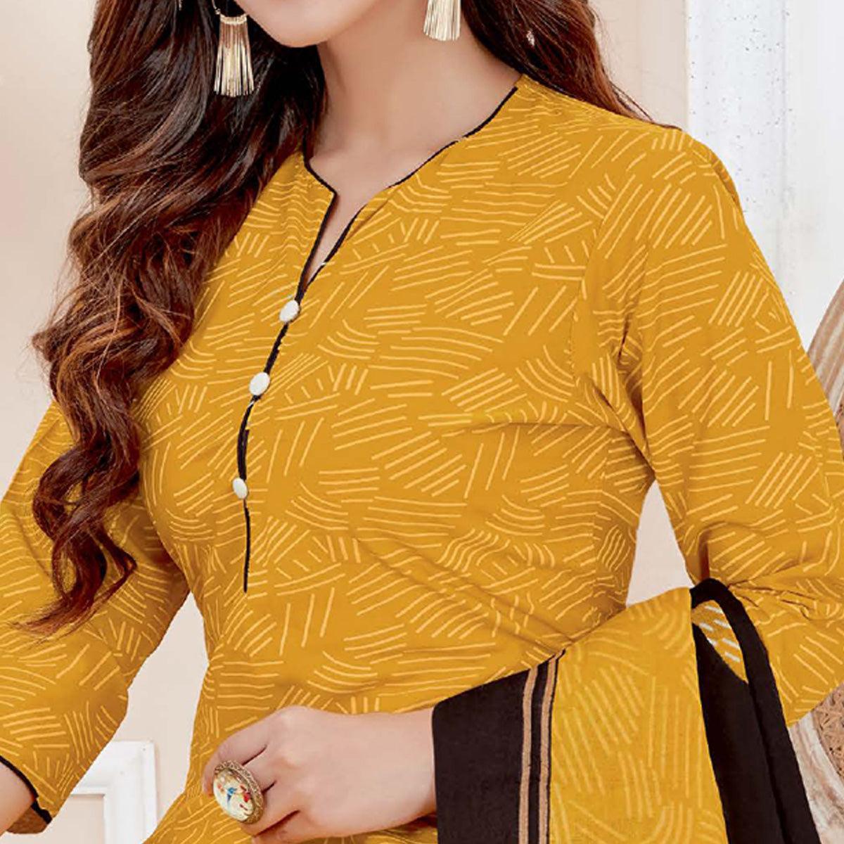 Mustard Yellow Casual Wear Printed Cotton Patiala Dress Material - Peachmode