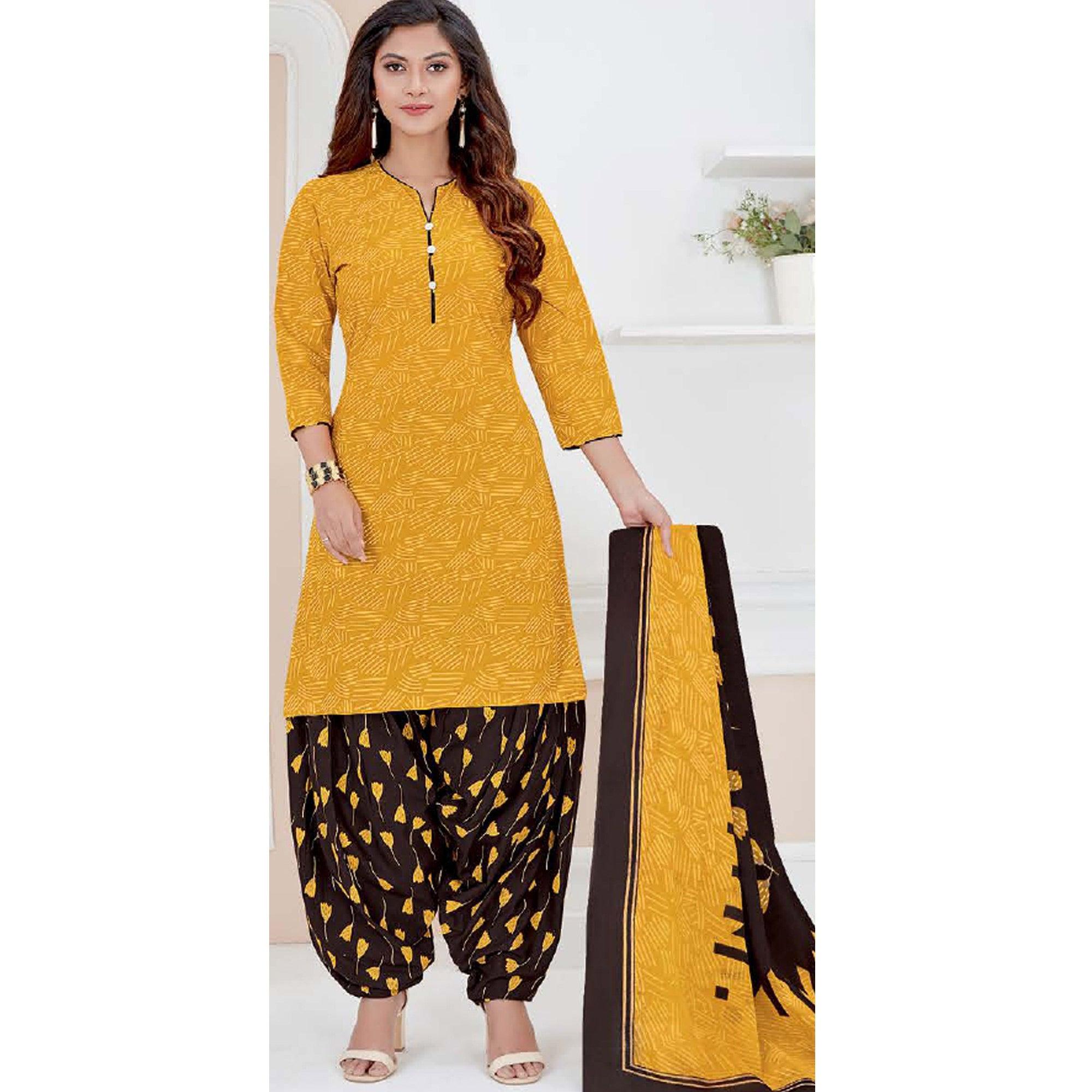 Mustard Yellow Casual Wear Printed Cotton Patiala Dress Material - Peachmode