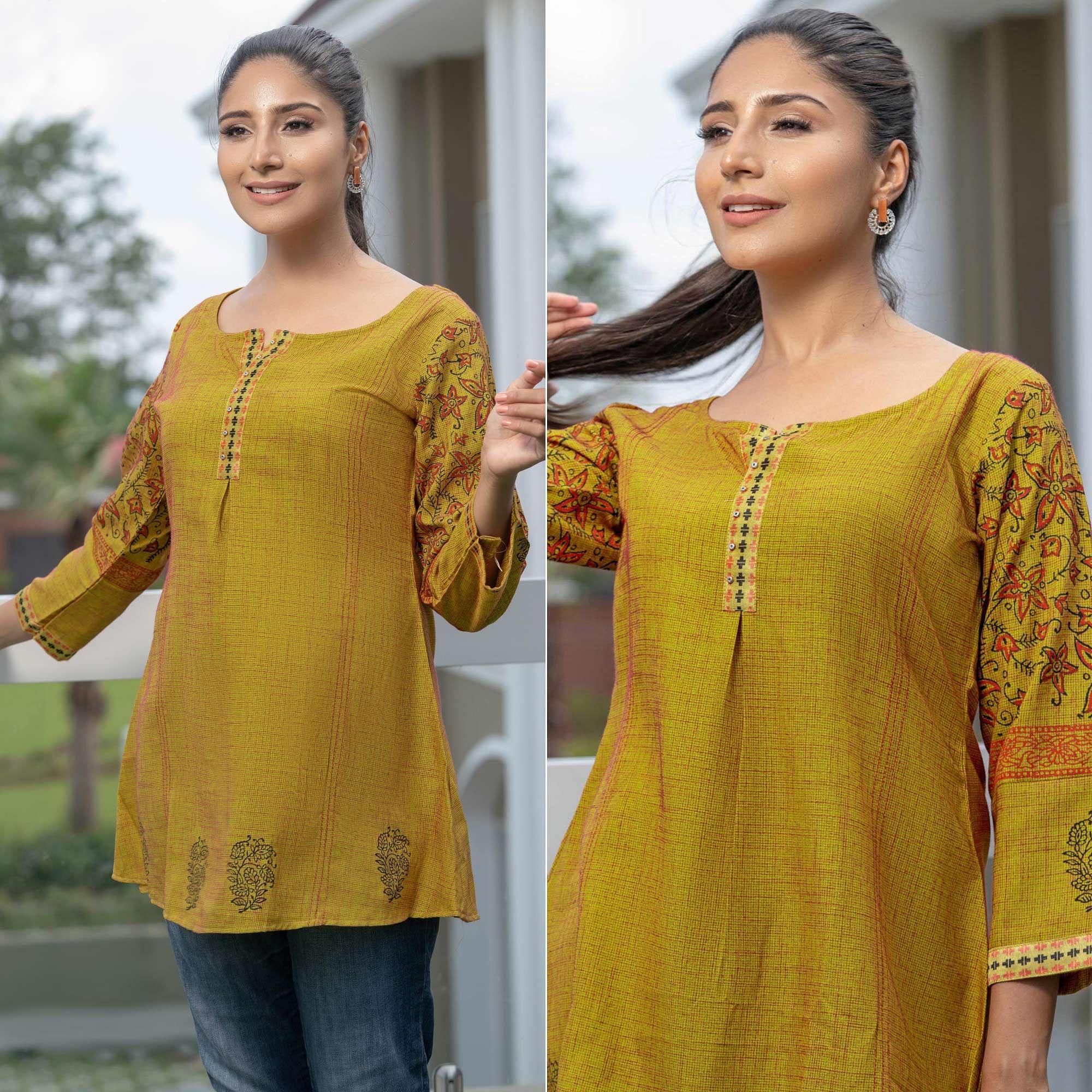 Mustard Yellow Casual Wear Printed Cotton Top - Peachmode