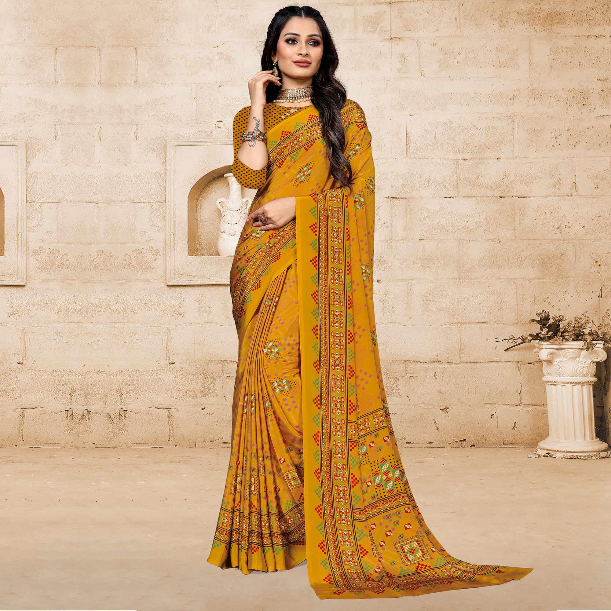 Mustard Yellow Casual Wear Printed Crepe Saree - Peachmode