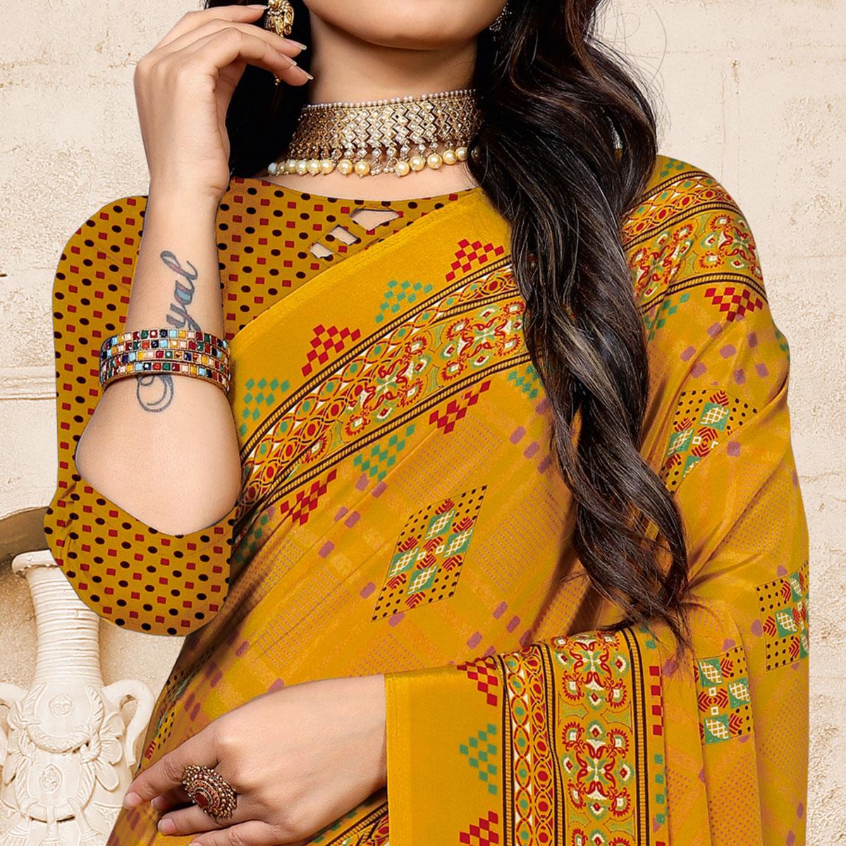 Mustard Yellow Casual Wear Printed Crepe Saree - Peachmode
