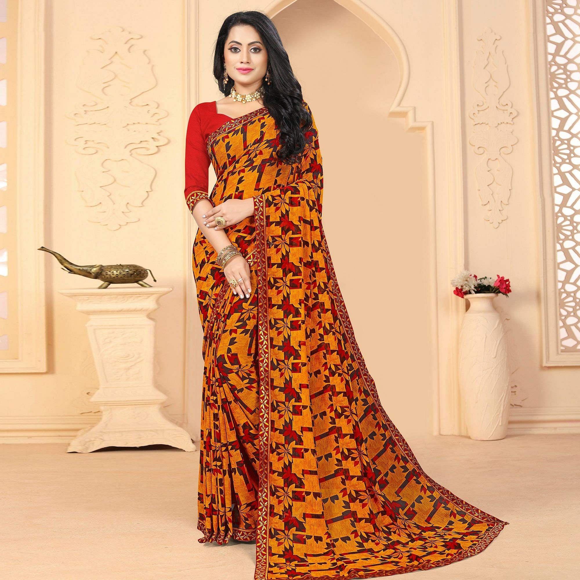 Mustard-Yellow Casual Wear Printed Georgette Designer Saree - Peachmode