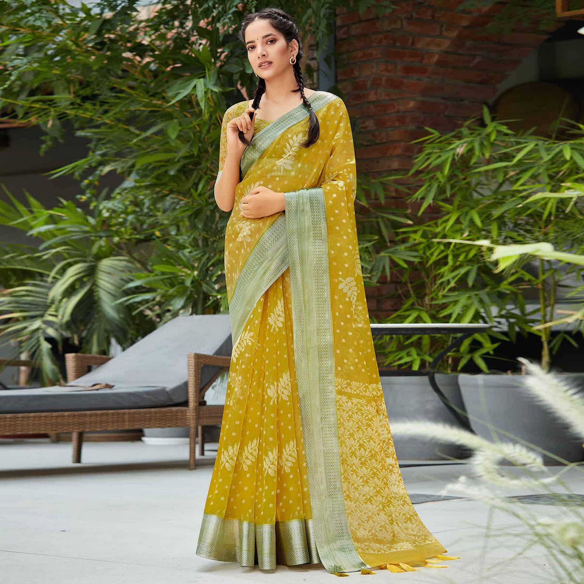 Mustard Yellow Casual Wear Printed Organza Silk Saree - Peachmode