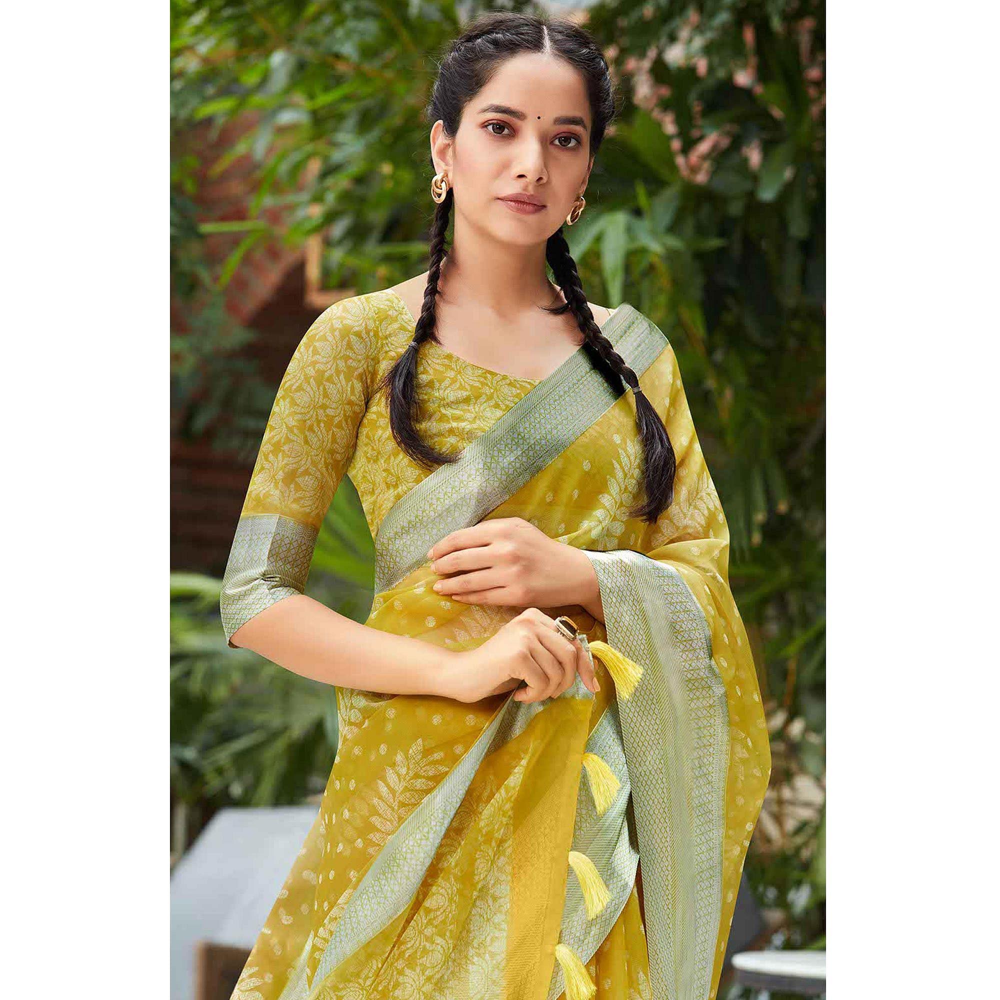 Mustard Yellow Casual Wear Printed Organza Silk Saree - Peachmode