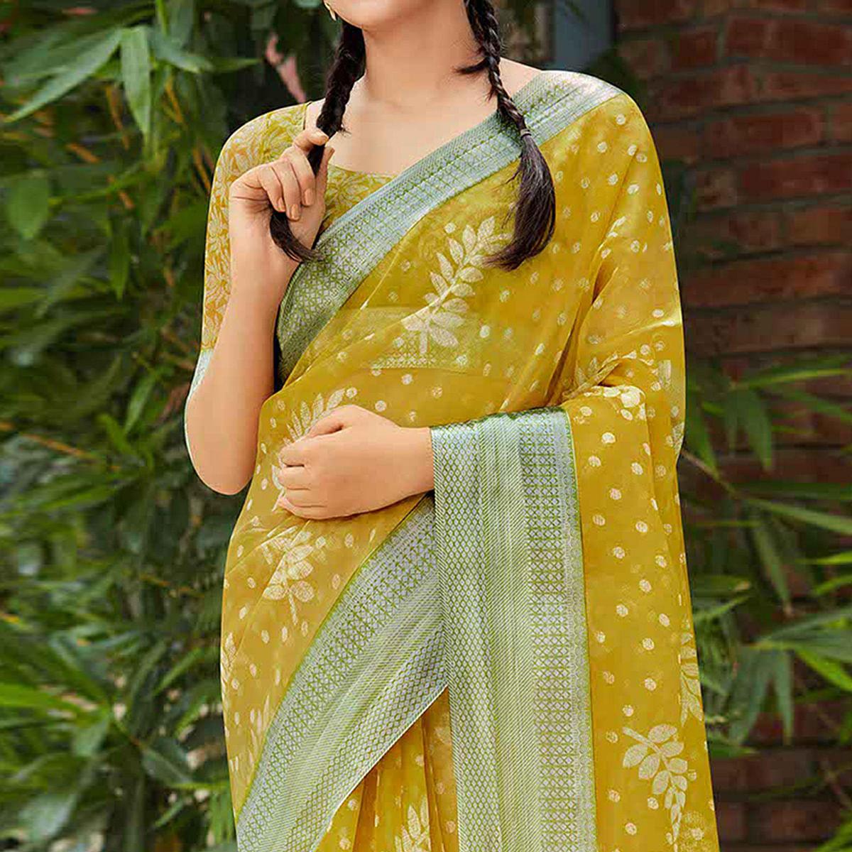 Mustard Yellow Casual Wear Printed Organza Silk Saree - Peachmode