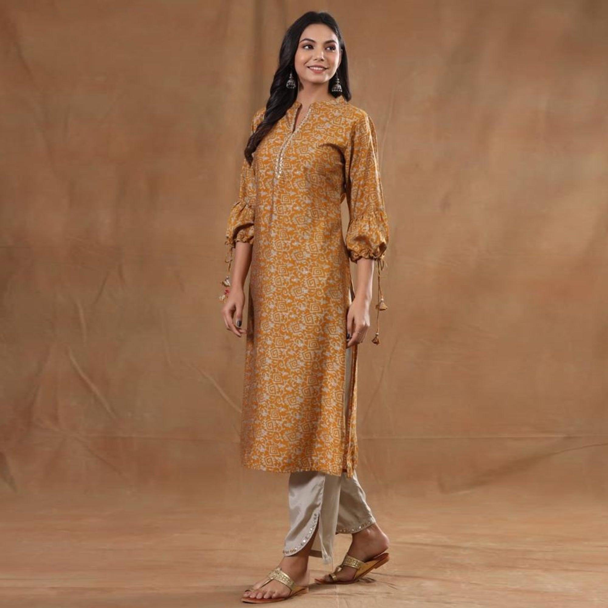 Mustard Yellow Casual Wear Printed Rayon Kurti Pant Set - Peachmode