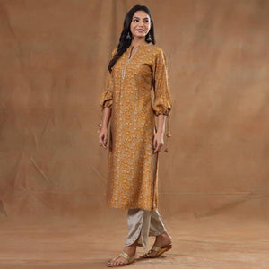 Mustard Yellow Casual Wear Printed Rayon Kurti Pant Set - Peachmode