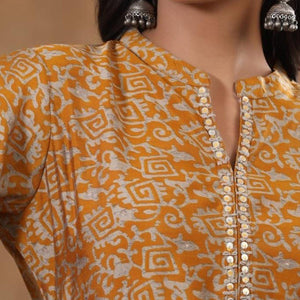Mustard Yellow Casual Wear Printed Rayon Kurti Pant Set - Peachmode