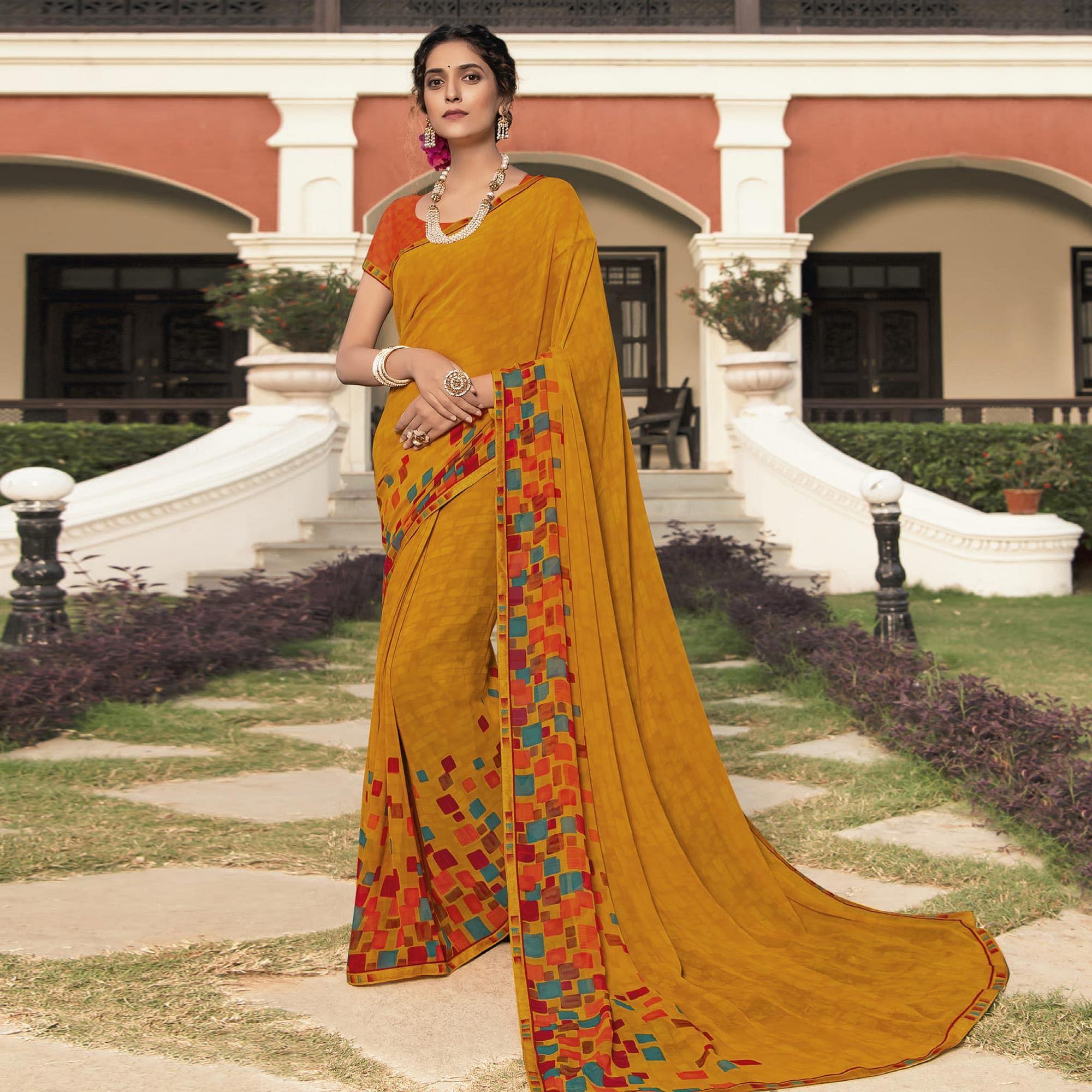 Mustard-Yellow Casual Wear Solid Georgette Saree - Peachmode