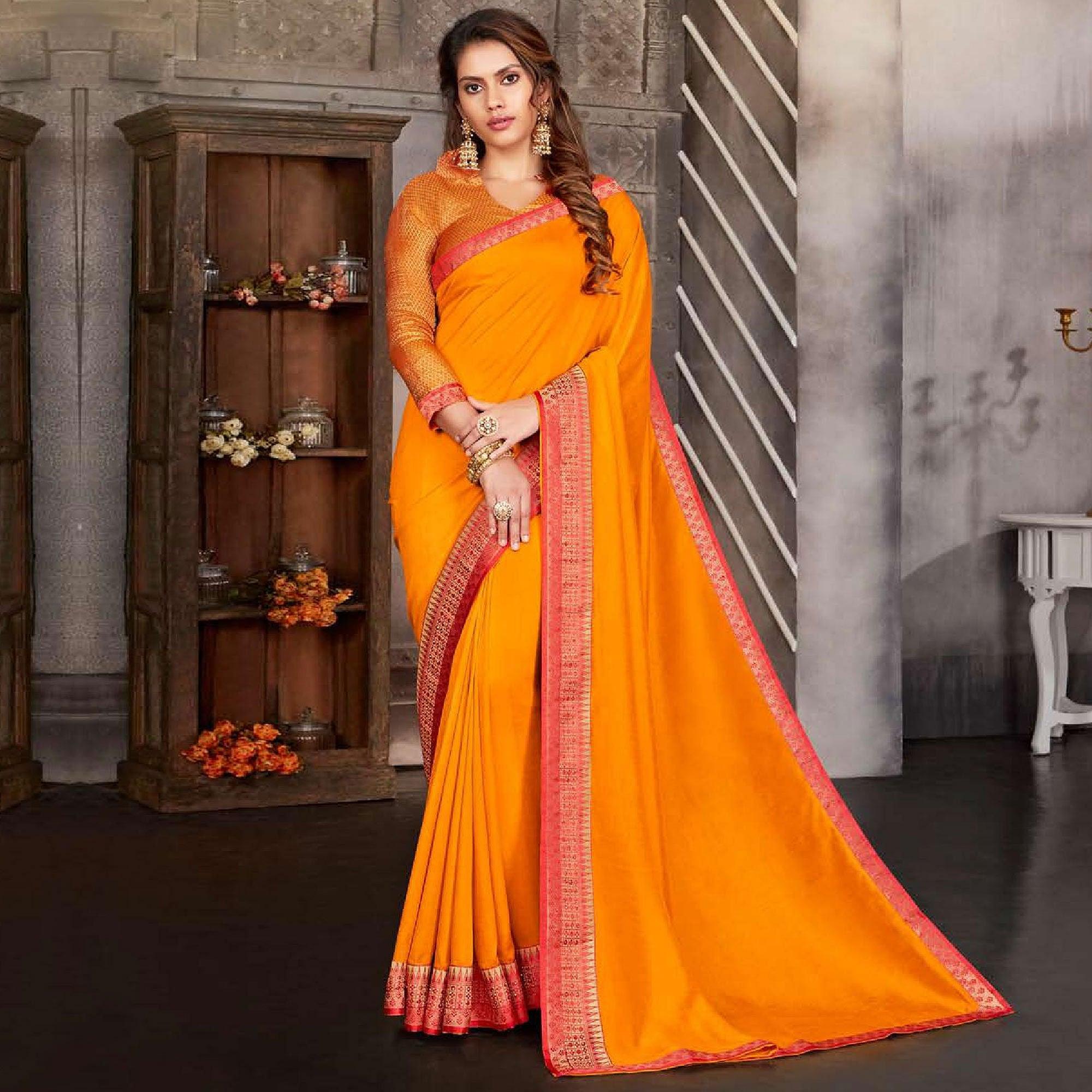 Mustard Yellow Casual Wear Solid Silk Saree With Border - Peachmode