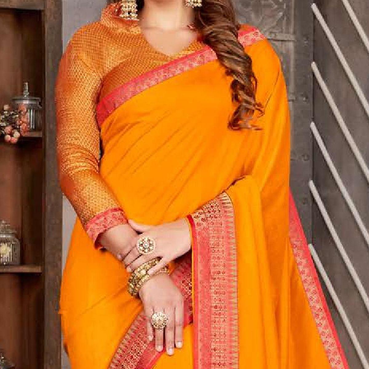 Mustard Yellow Casual Wear Solid Silk Saree With Border - Peachmode