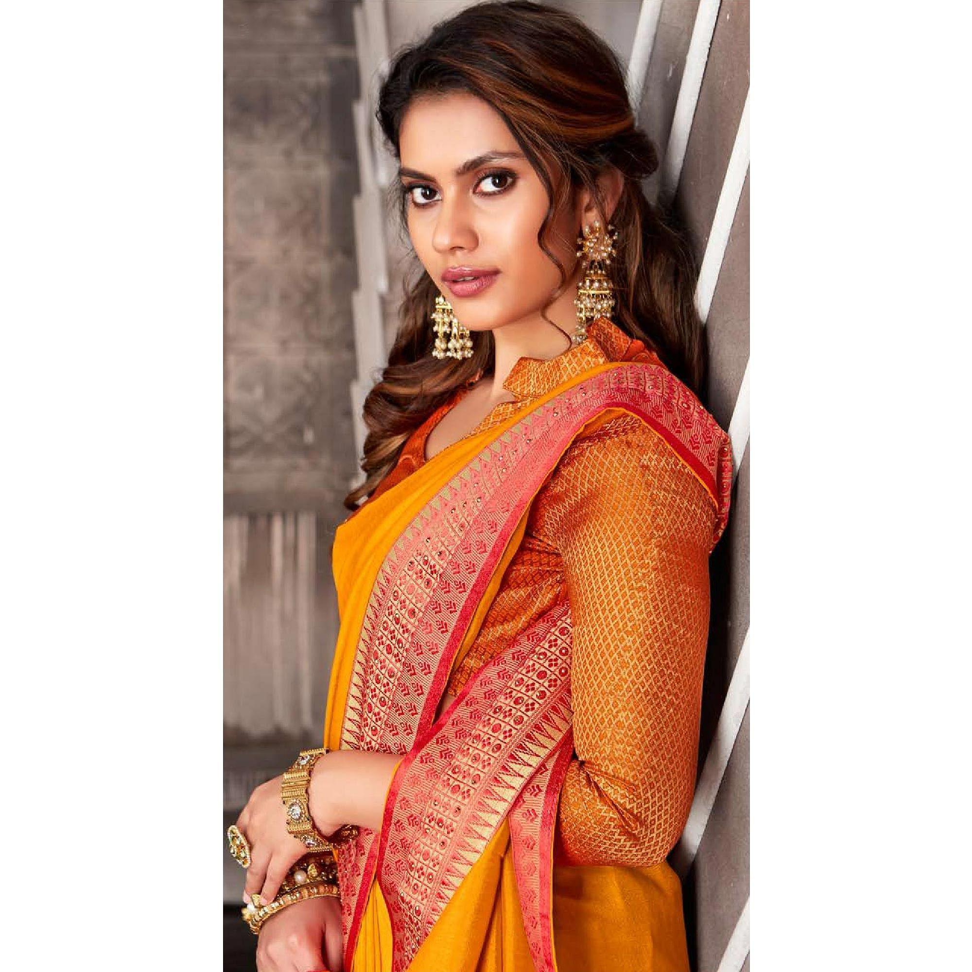 Mustard Yellow Casual Wear Solid Silk Saree With Border - Peachmode