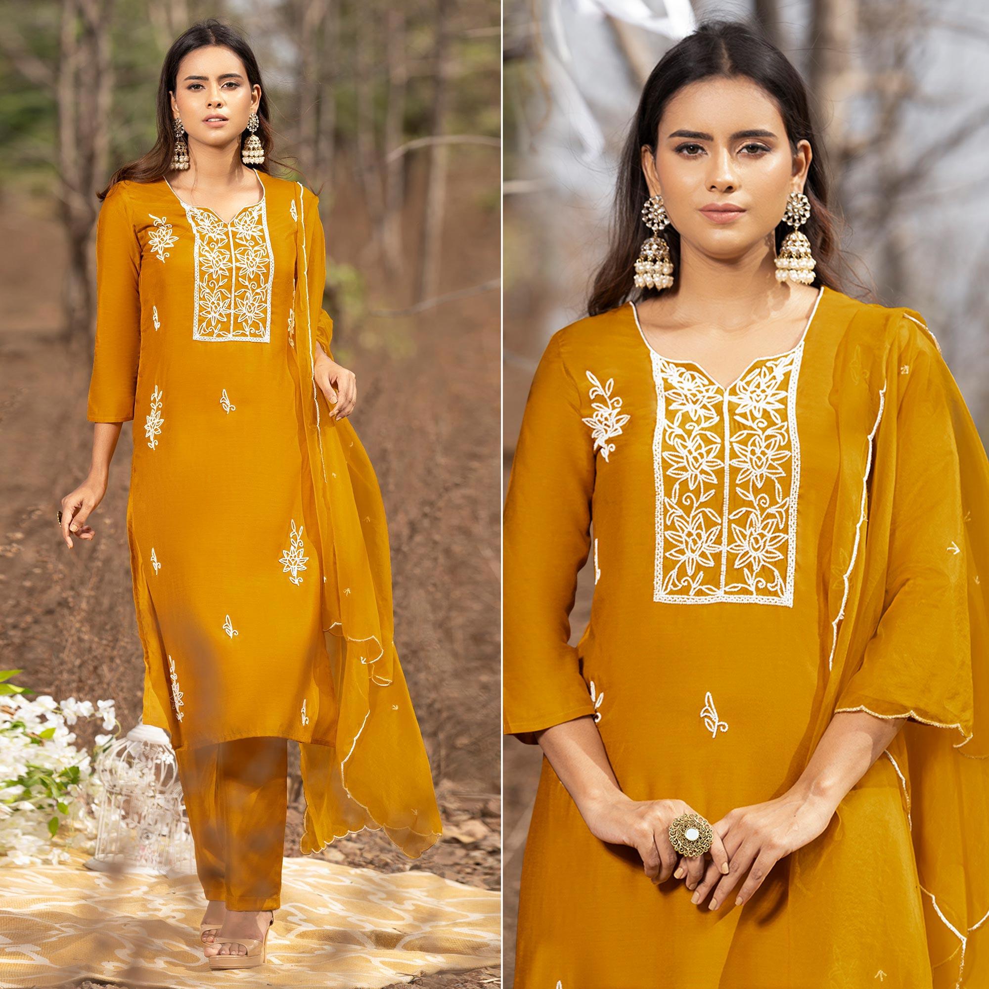Mustard-Yellow Embellished With Embroidered Muslin Kurti Pant Set With Dupatta - Peachmode