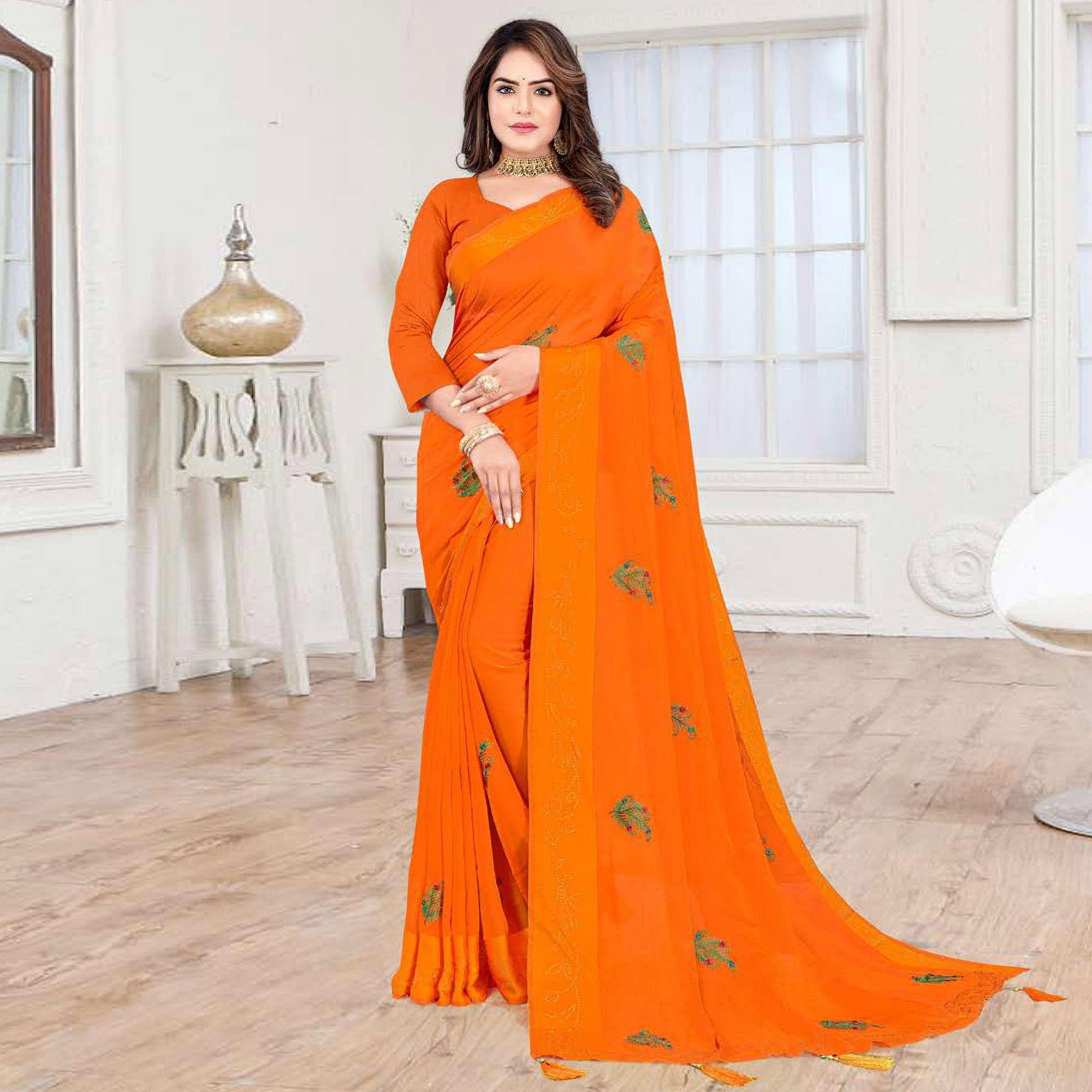 Mustard-Yellow Embroidered Chiffon Saree - Peachmode