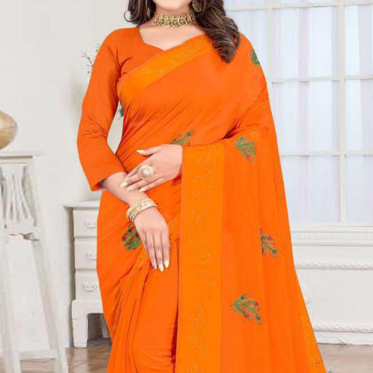 Mustard-Yellow Embroidered Chiffon Saree - Peachmode