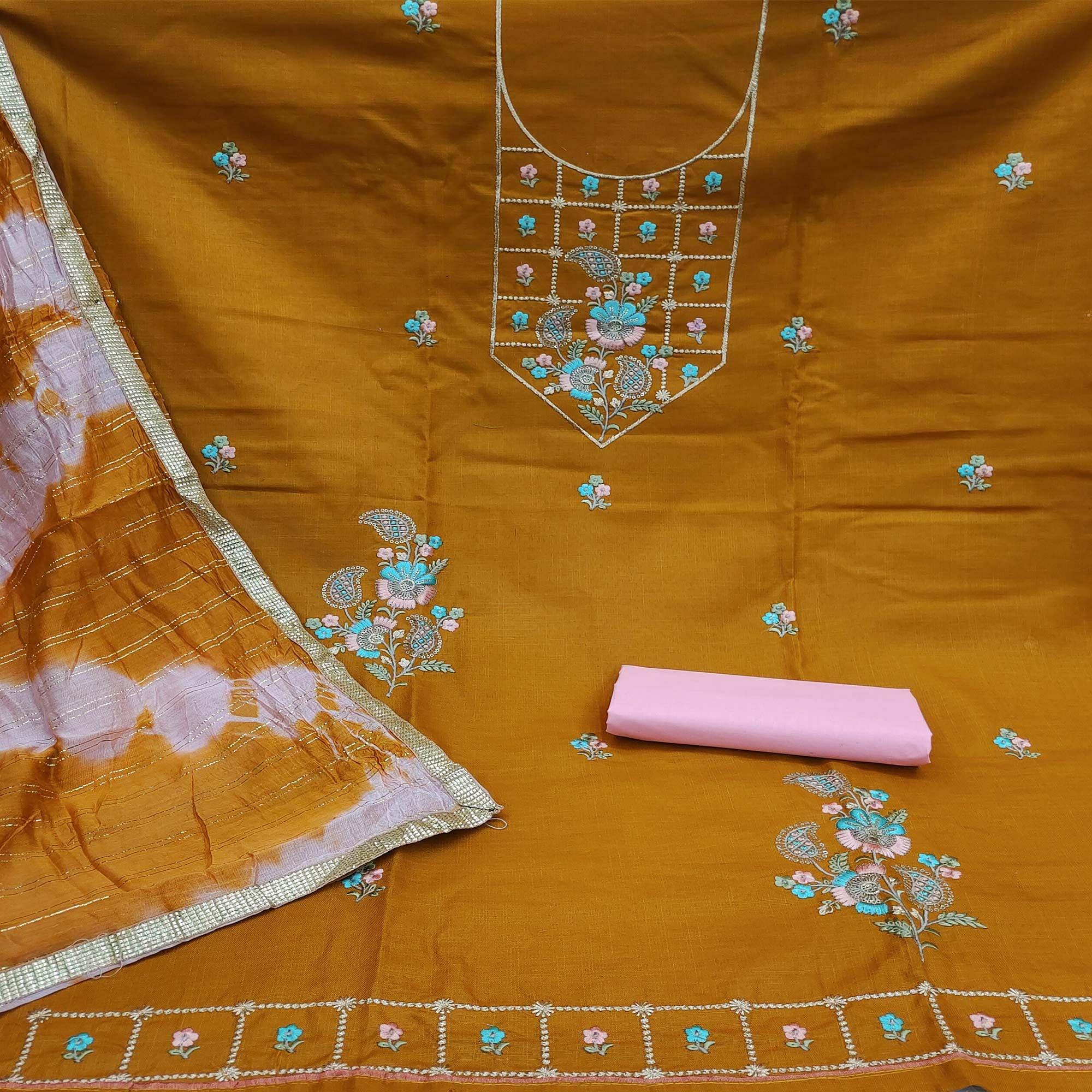 Mustard-Yellow Embroidered Cotton Dress Material - Peachmode
