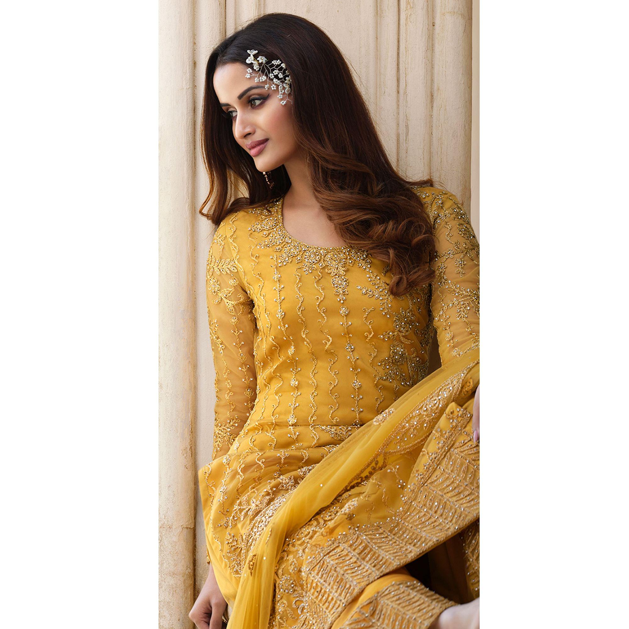 Mustard-Yellow Embroidery With Embellished Net Partywear Suit - Peachmode