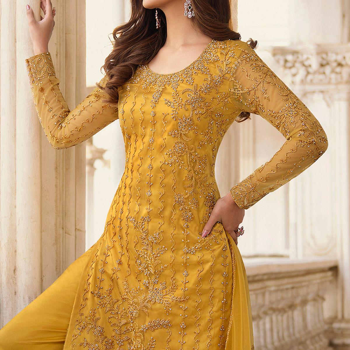 Mustard-Yellow Embroidery With Embellished Net Partywear Suit - Peachmode