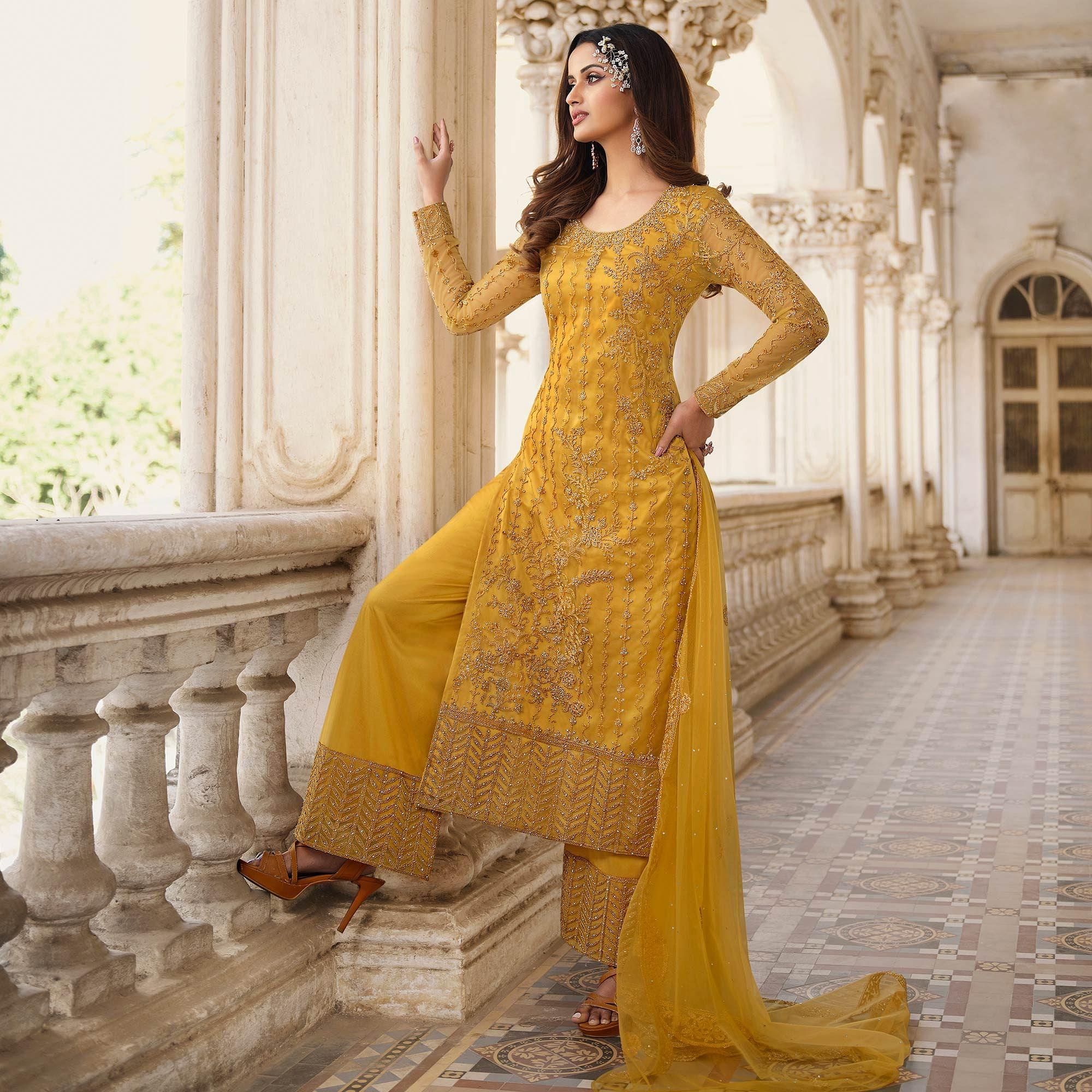 Mustard-Yellow Embroidery With Embellished Net Partywear Suit - Peachmode