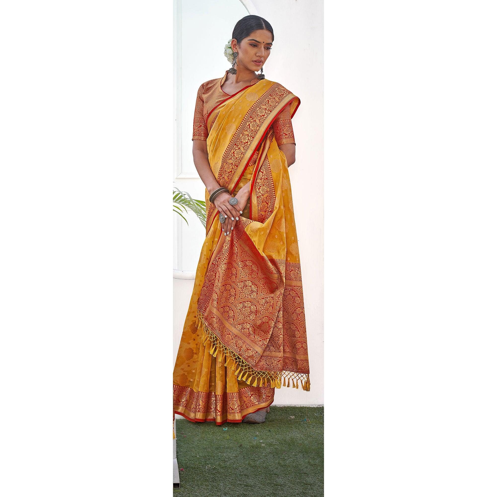 Mustard Yellow Festive Wear Banarasi Woven Organza Saree With Tassels - Peachmode