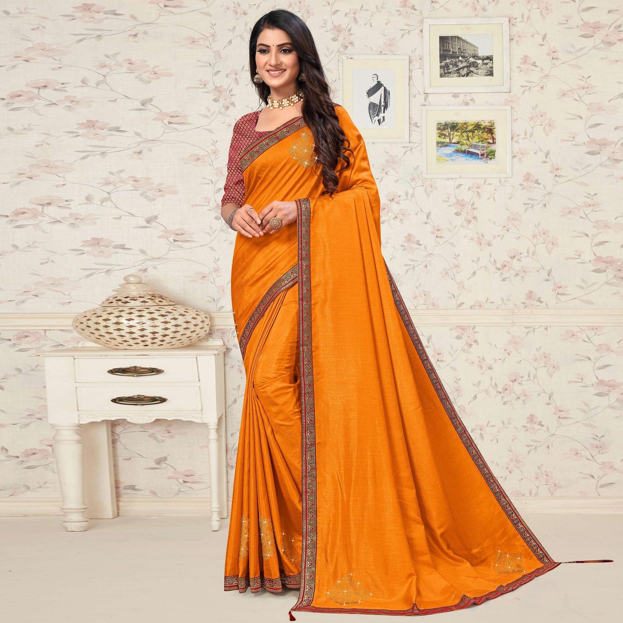 Mustard-Yellow Festive Wear Embellished Vichitra Silk Saree - Peachmode