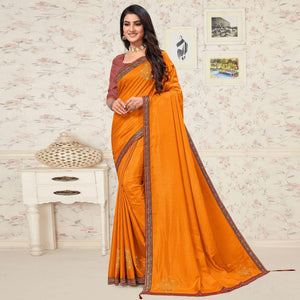 Mustard-Yellow Festive Wear Embellished Vichitra Silk Saree - Peachmode