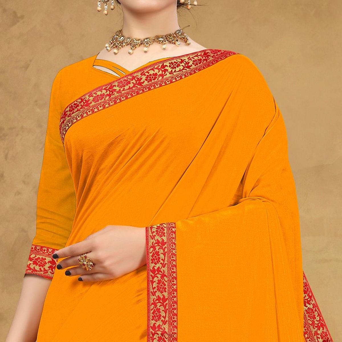 Mustard-Yellow Festive Wear Embellished Vichitra Silk Saree - Peachmode