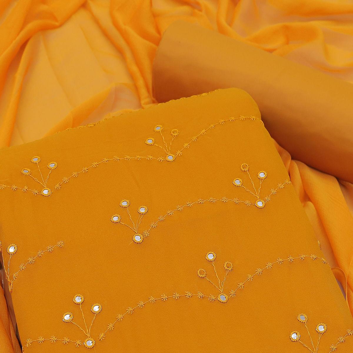 Mustard-Yellow Festive Wear Embellished With Embroidered Georgette Dress Material - Peachmode